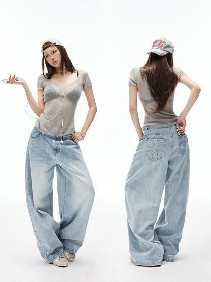 iamxiaa Light Blue Vertical Slub Hand Rivet Distressed Women&