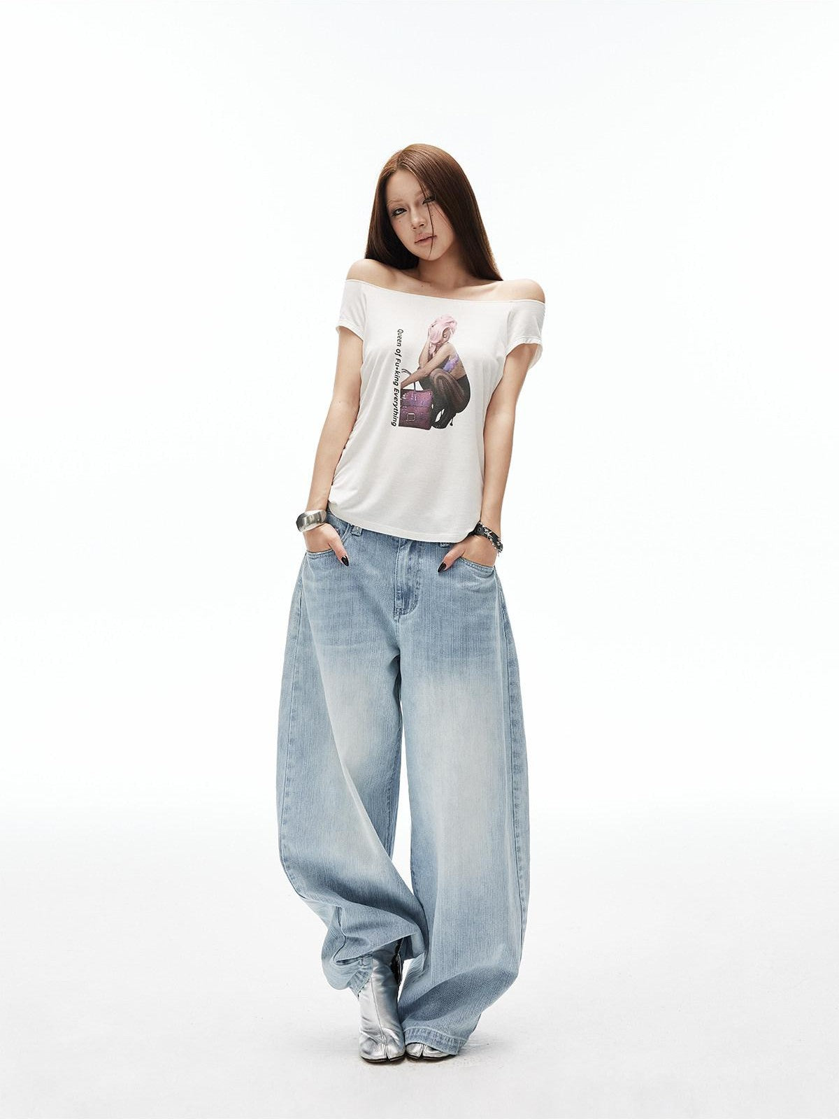 iamxiaa Light Blue Vertical Slub Hand Rivet Distressed Women&