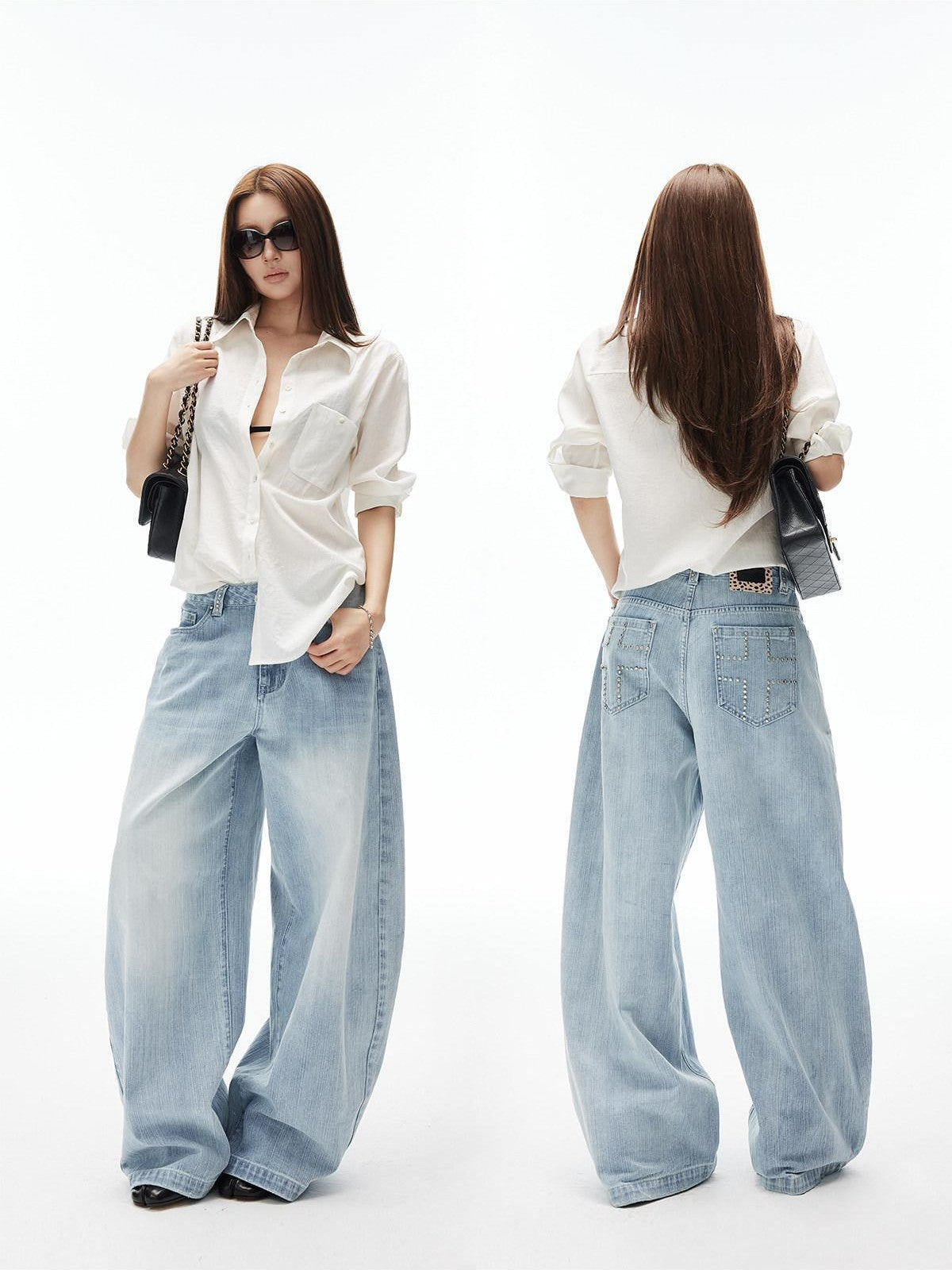 iamxiaa Light Blue Vertical Slub Hand Rivet Distressed Women&