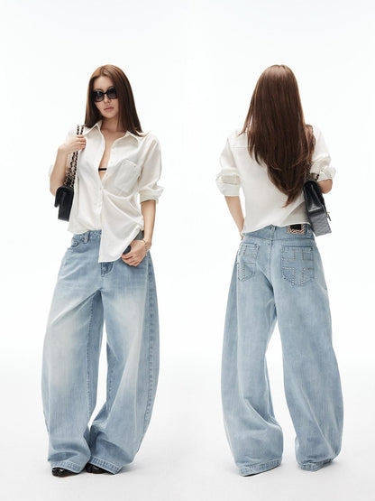 iamxiaa Light Blue Vertical Slub Hand Rivet Distressed Women&
