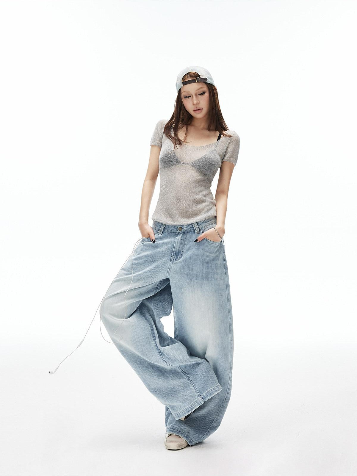 iamxiaa Light Blue Vertical Slub Hand Rivet Distressed Women&
