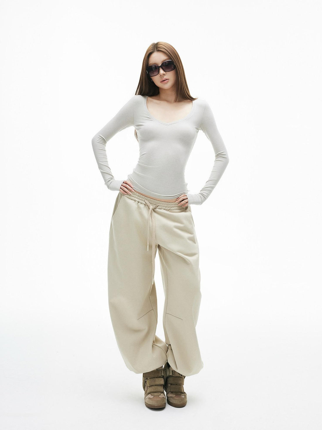 iamxiaa Light Khaki Drawstring Waist Curved Cuff Slimming Women&