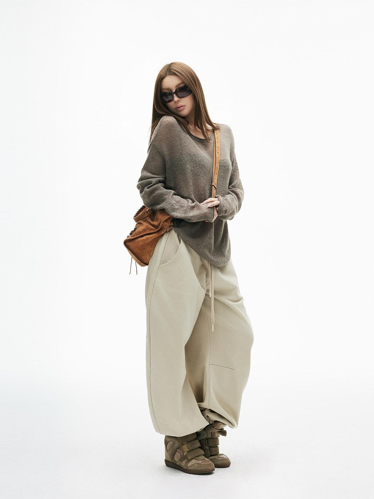 iamxiaa Light Khaki Drawstring Waist Curved Cuff Slimming Women&