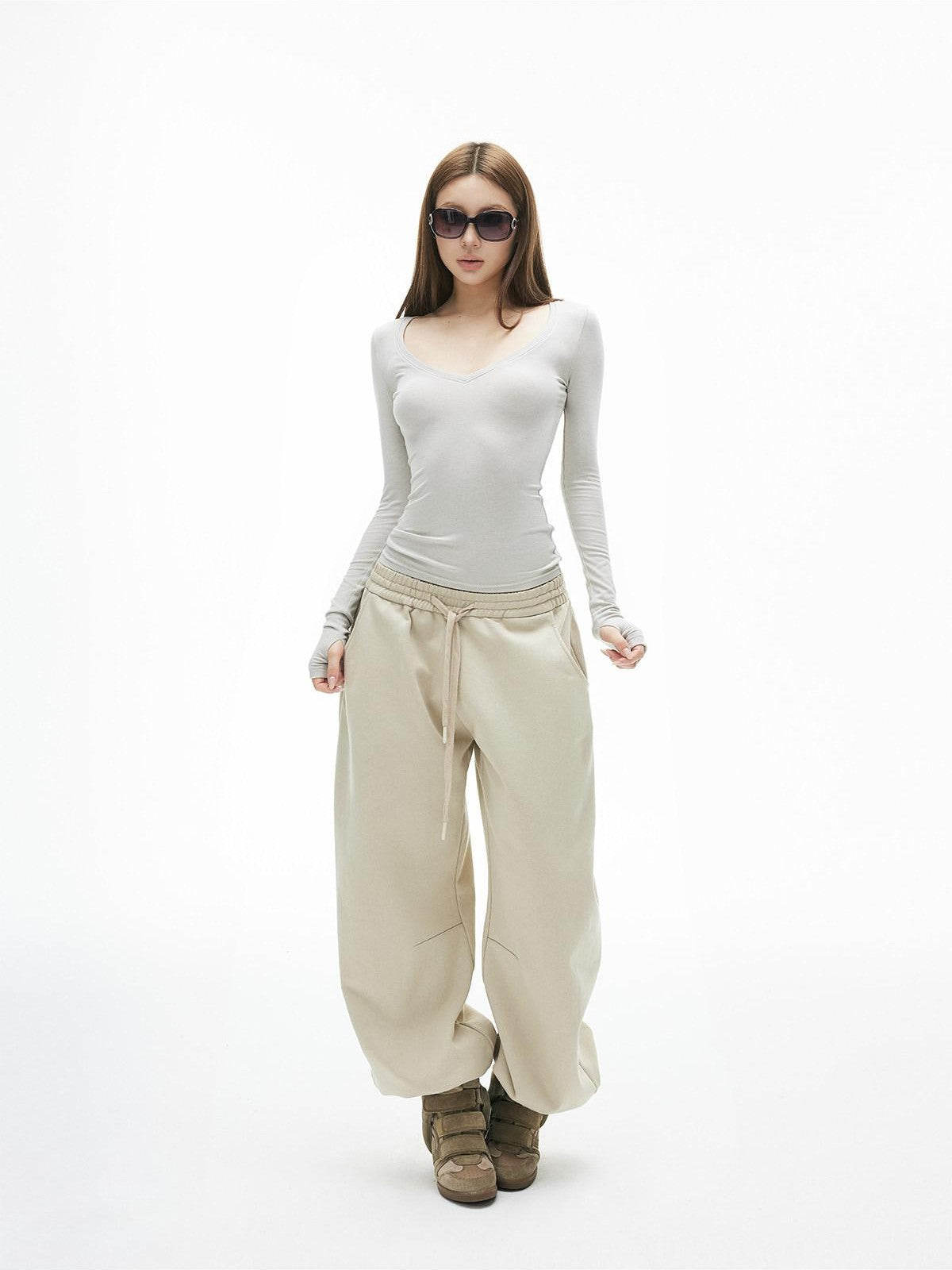 iamxiaa Light Khaki Drawstring Waist Curved Cuff Slimming Women&