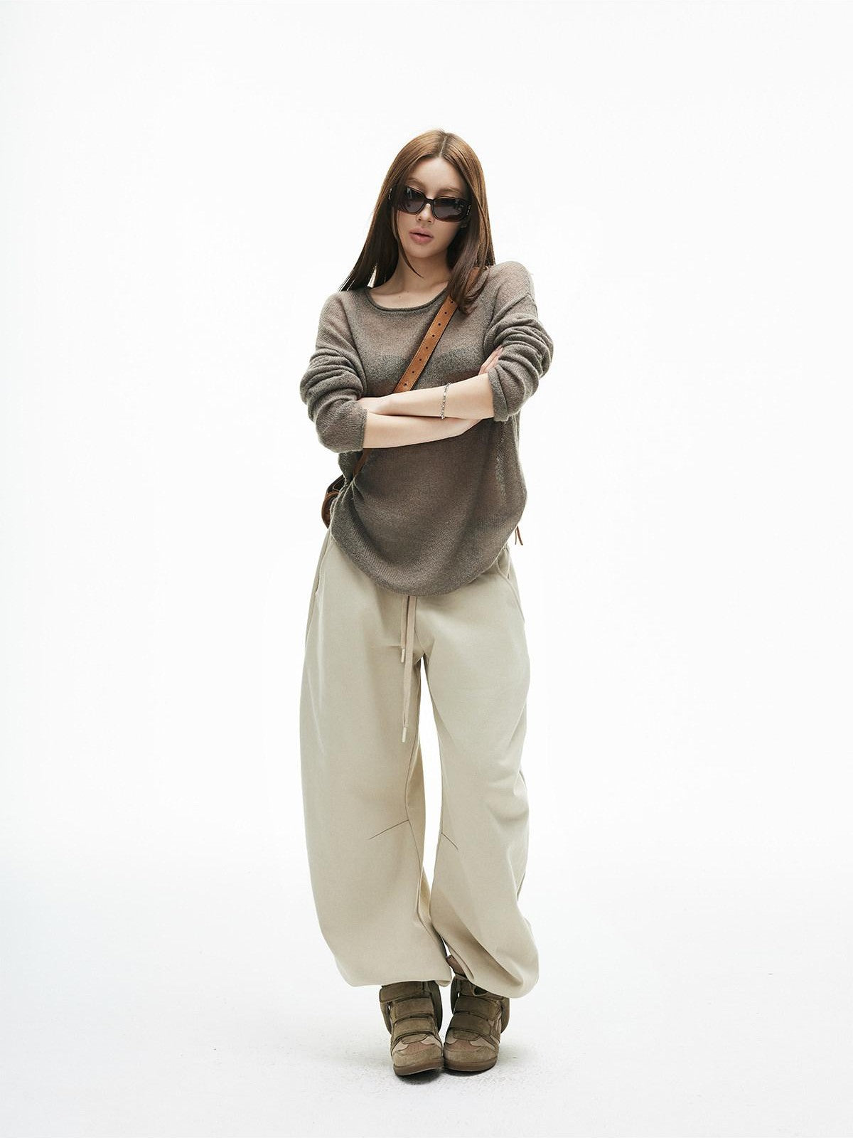 iamxiaa Light Khaki Drawstring Waist Curved Cuff Slimming Women&