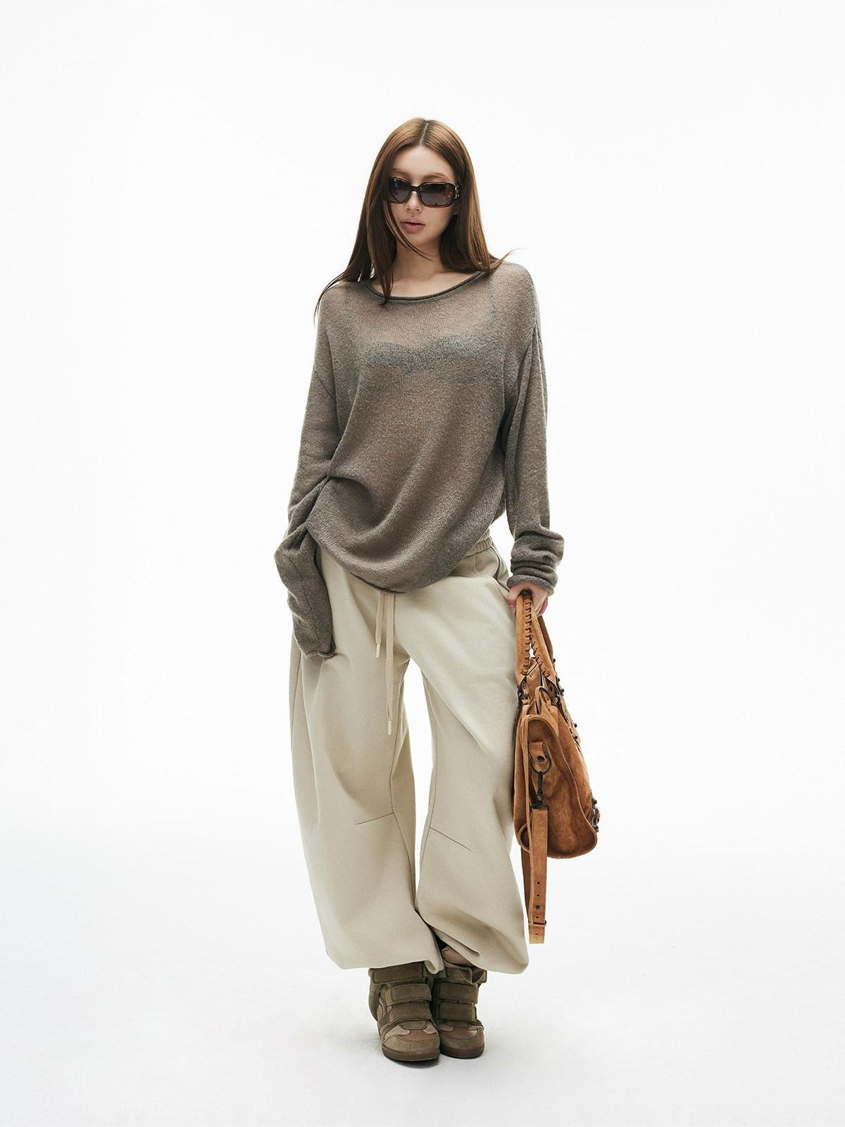 iamxiaa Light Khaki Drawstring Waist Curved Cuff Slimming Women&