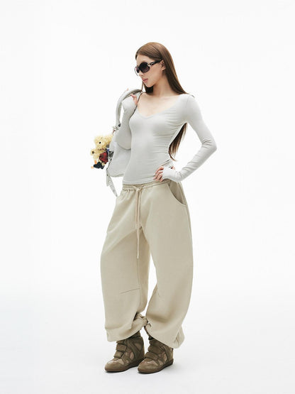 iamxiaa Light Khaki Drawstring Waist Curved Cuff Slimming Women&