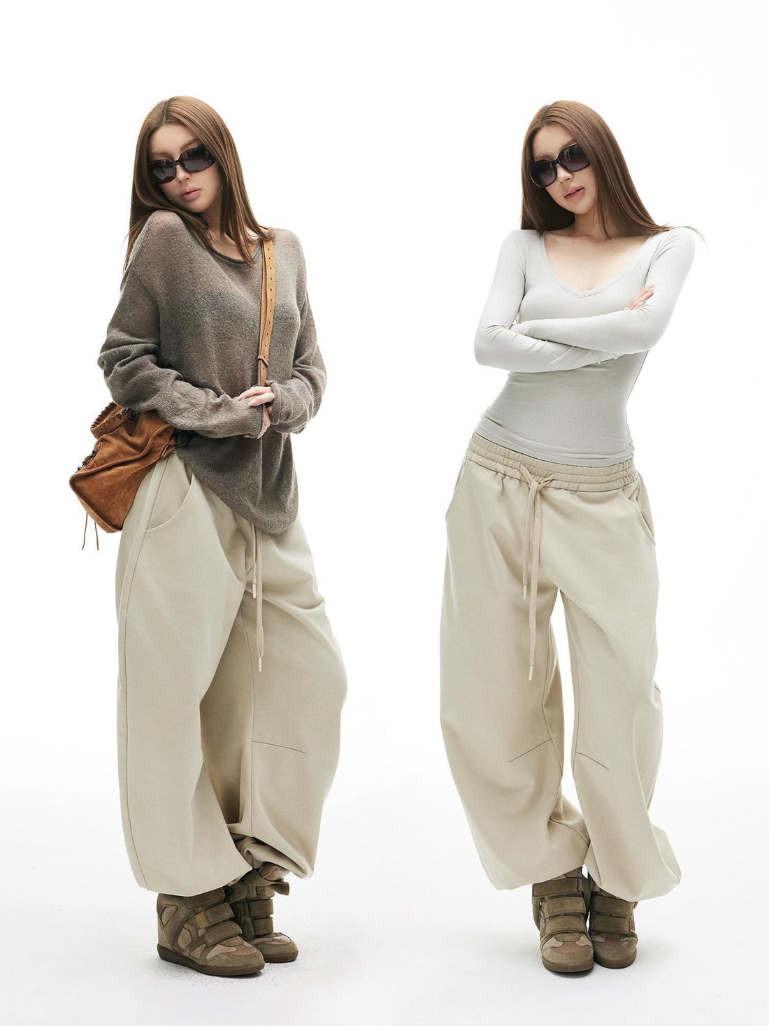 iamxiaa Light Khaki Drawstring Waist Curved Cuff Slimming Women&