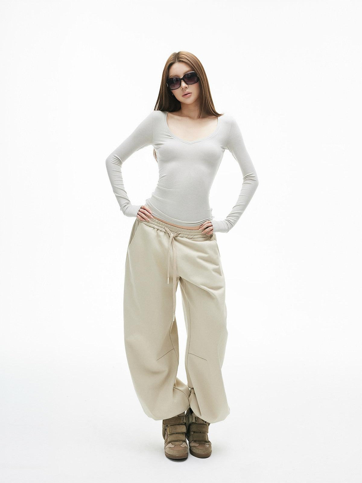 iamxiaa Light Khaki Drawstring Waist Curved Cuff Slimming Women&