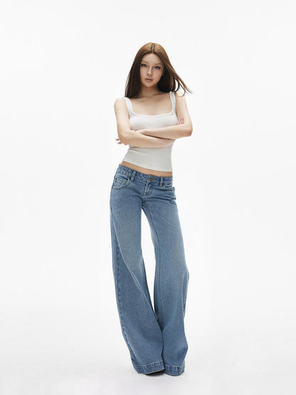 iamxiaa Light Wash Contrast Stitch Low Rise Five Pocket Women&