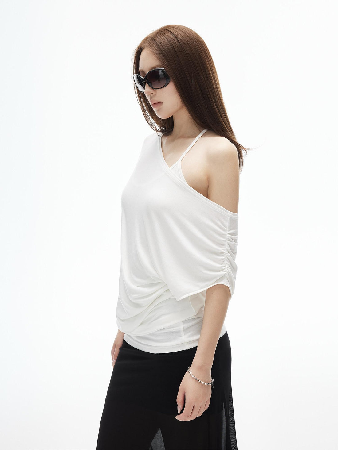 iamxiaa Lightweight Sheer Fitted Racerback One Shoulder Women&