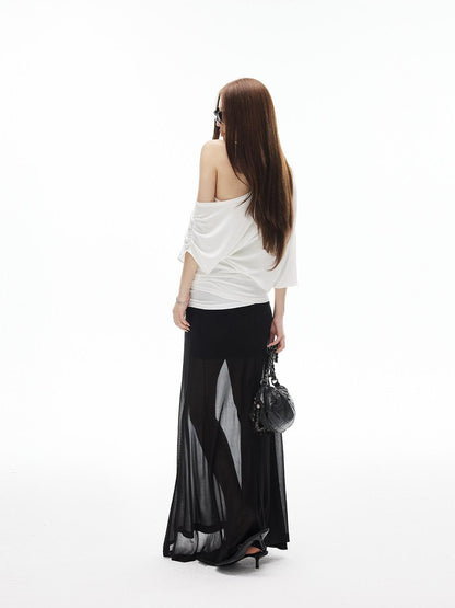 iamxiaa Lightweight Sheer Fitted Racerback One Shoulder Women&