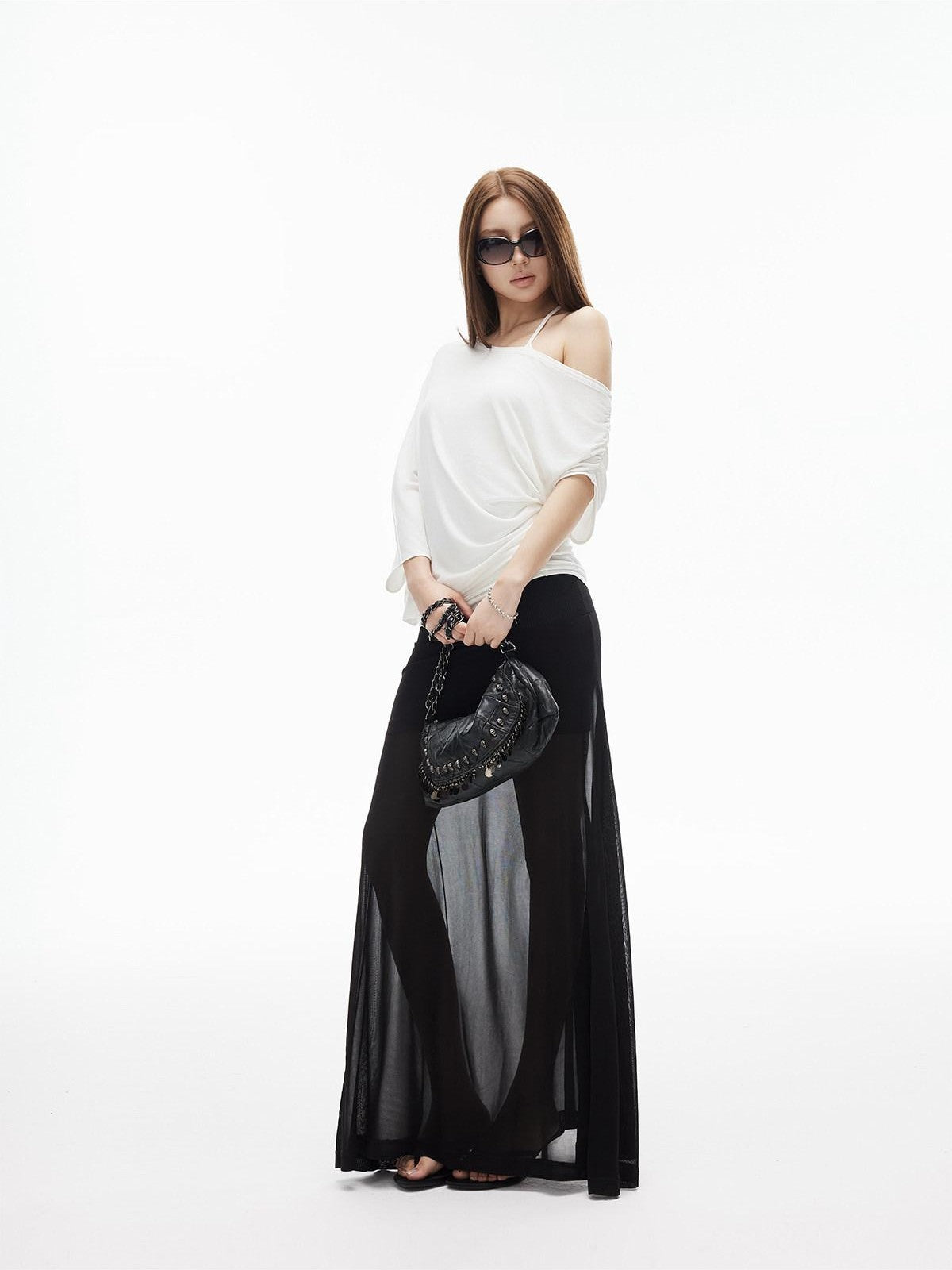 iamxiaa Lightweight Sheer Fitted Racerback One Shoulder Women&