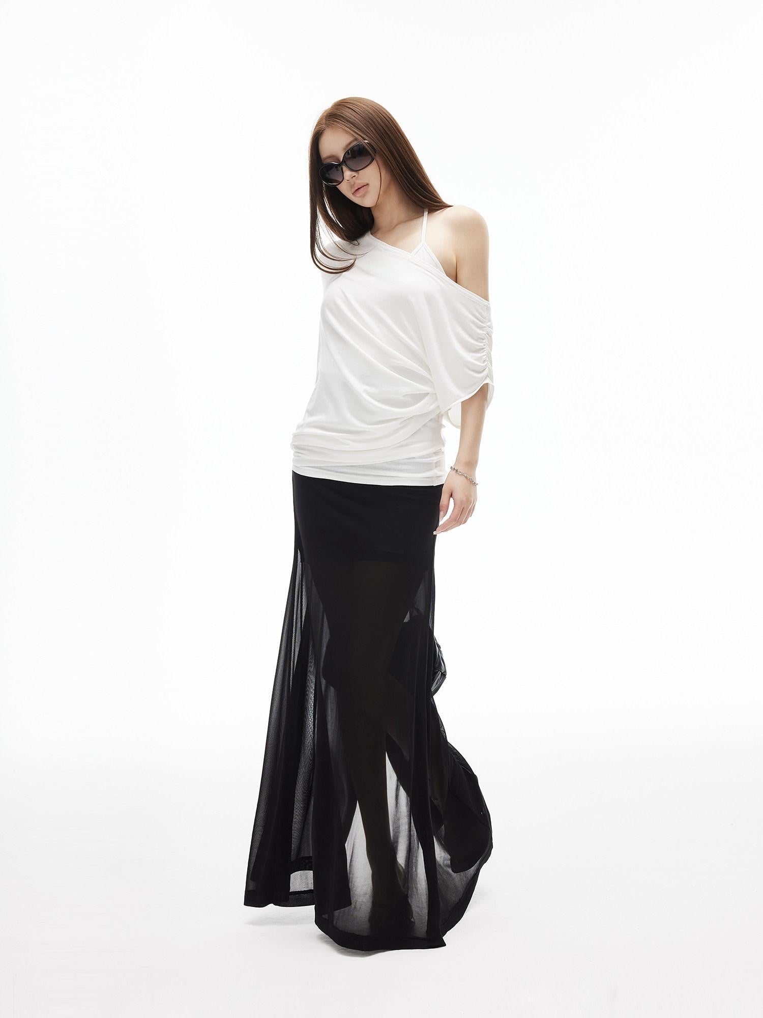 iamxiaa Lightweight Sheer Fitted Racerback One Shoulder Women&