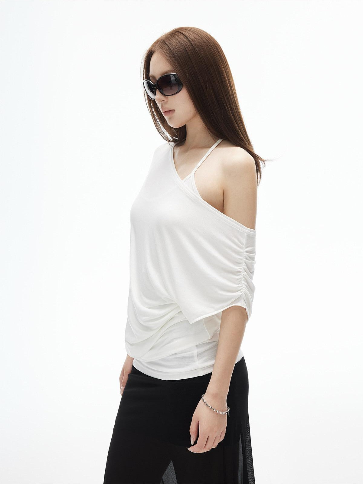 iamxiaa Lightweight Sheer Fitted Racerback One Shoulder Women&