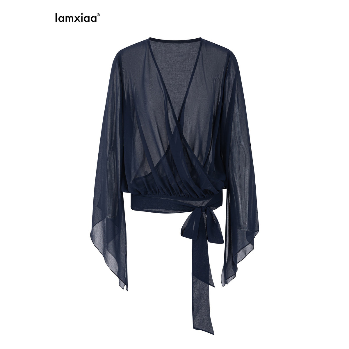 iamxiaa_Lightweight_Sheer_V-neck_Cross_Front_Tie_Ruffle_Sleeve_Split_Women&