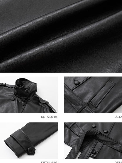 iamxiaa Litchi Grain Waxed Leather Stand Collar Double Breasted Women&