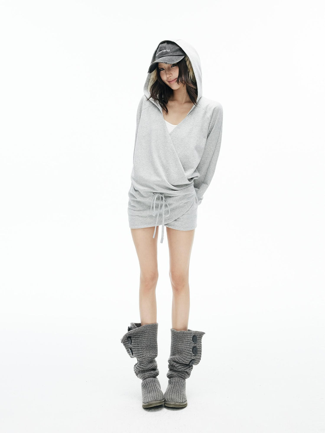 iamxiaa Loose Colorblock V-neck Raglan Sleeve Drawstring Cotton Women&