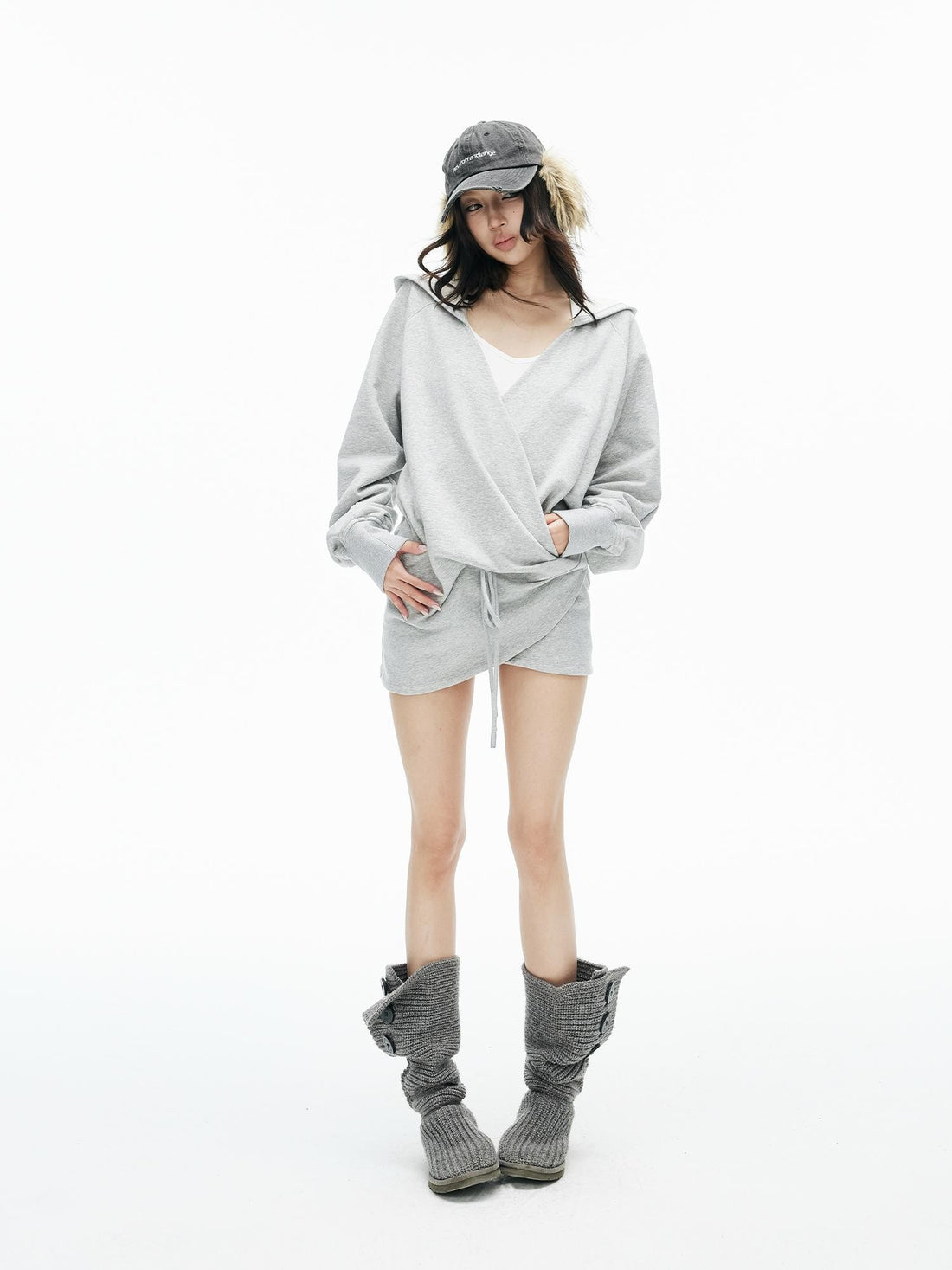 iamxiaa Loose Colorblock V-neck Raglan Sleeve Drawstring Cotton Women&