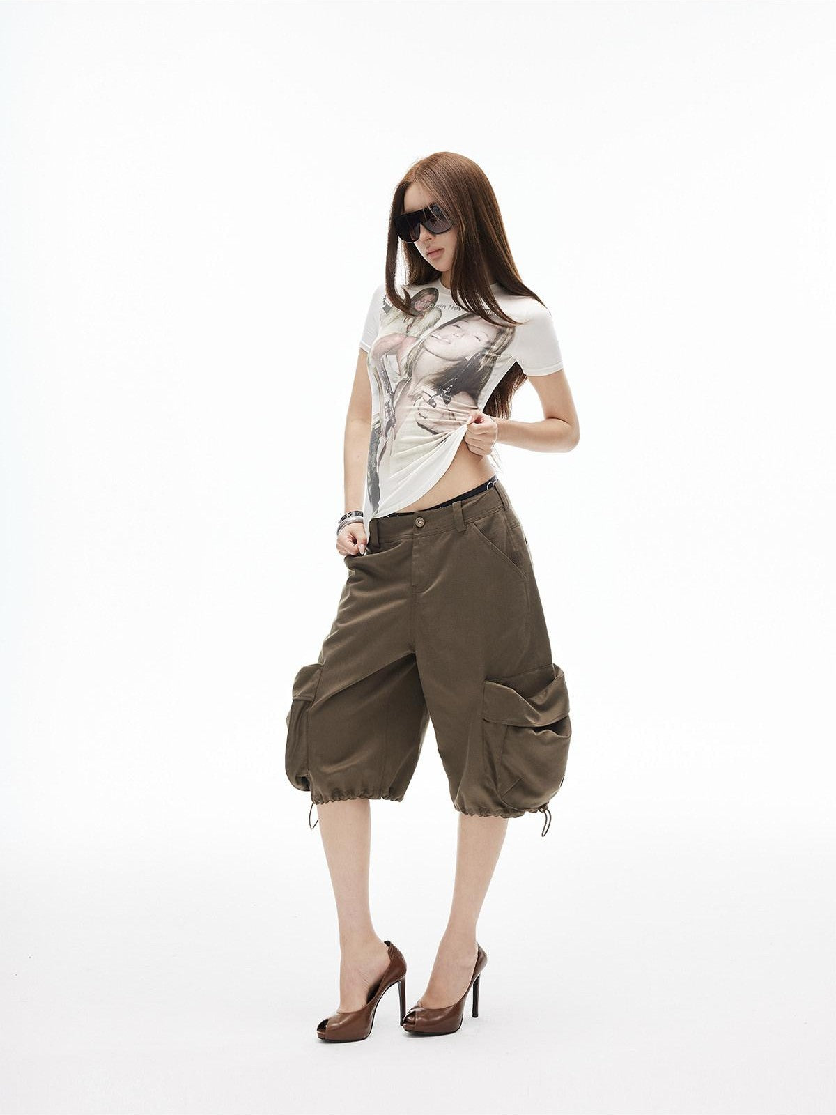 iamxiaa Low Rise 3d Pockets Adjustable Hem Lantern Shape Women&