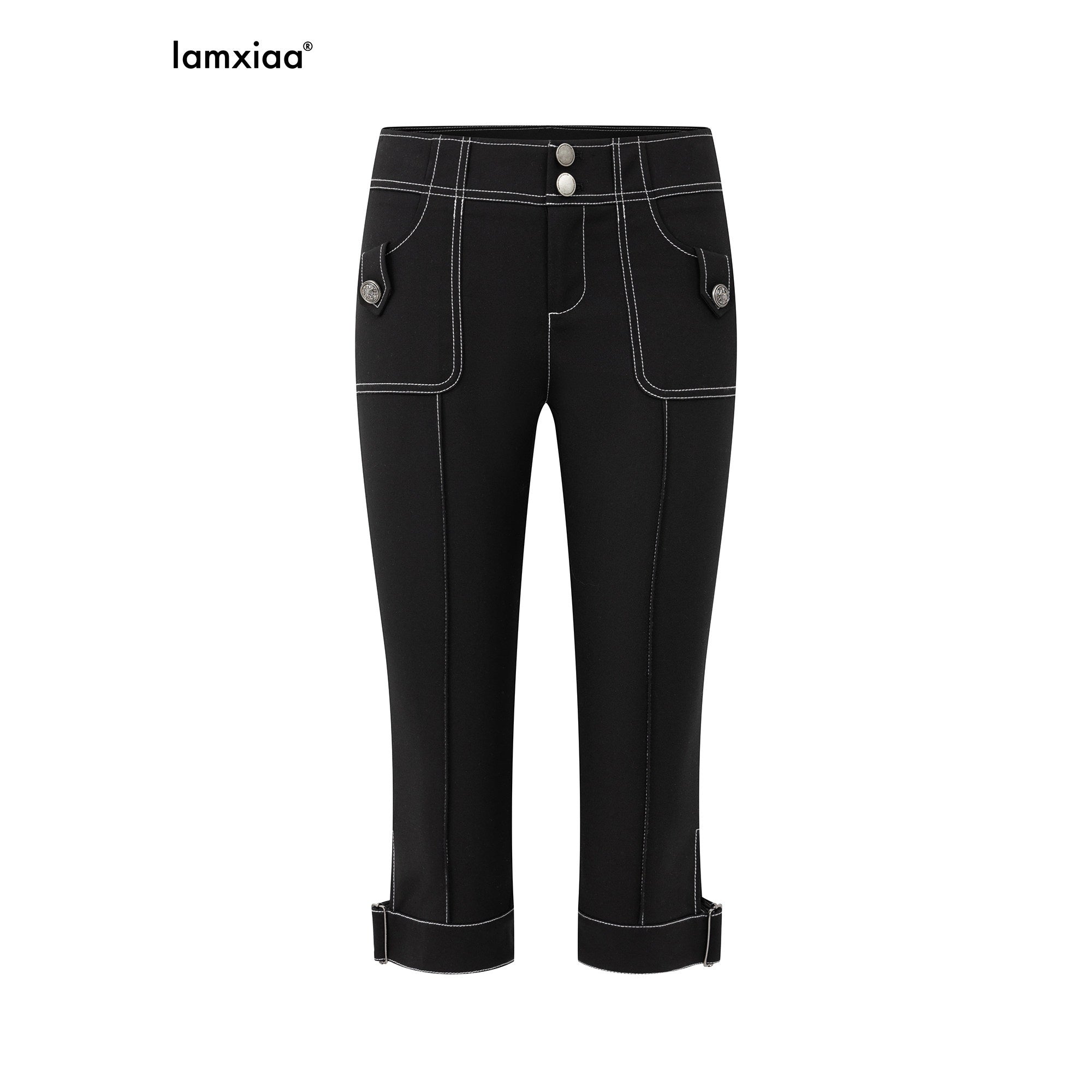 iamxiaa_Low_Rise_Double_Button_Side_Slit_Contrast_Stitch_Slim_Women&