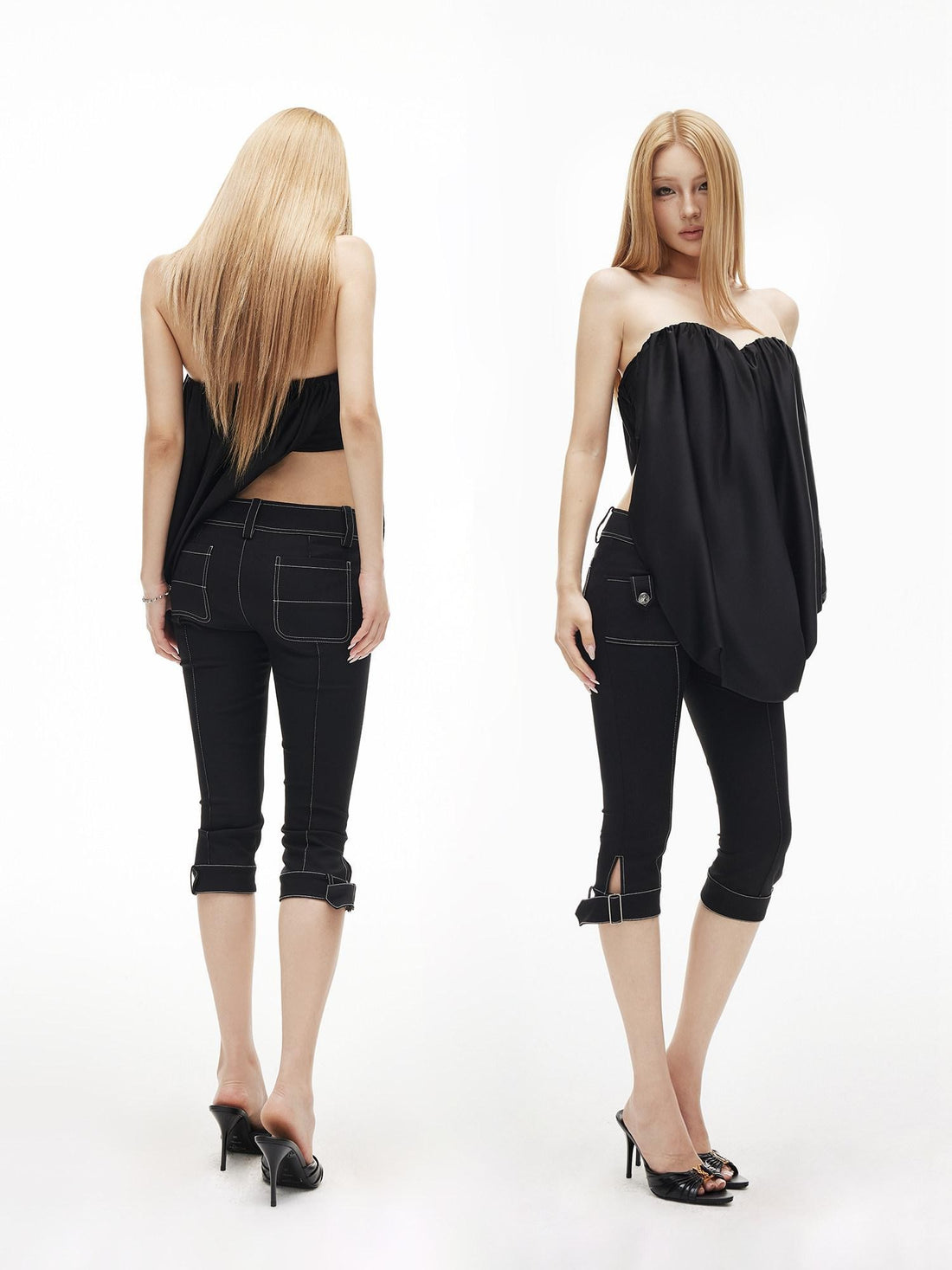 iamxiaa Low Rise Double Button Side Slit Contrast Stitch Slim Women&