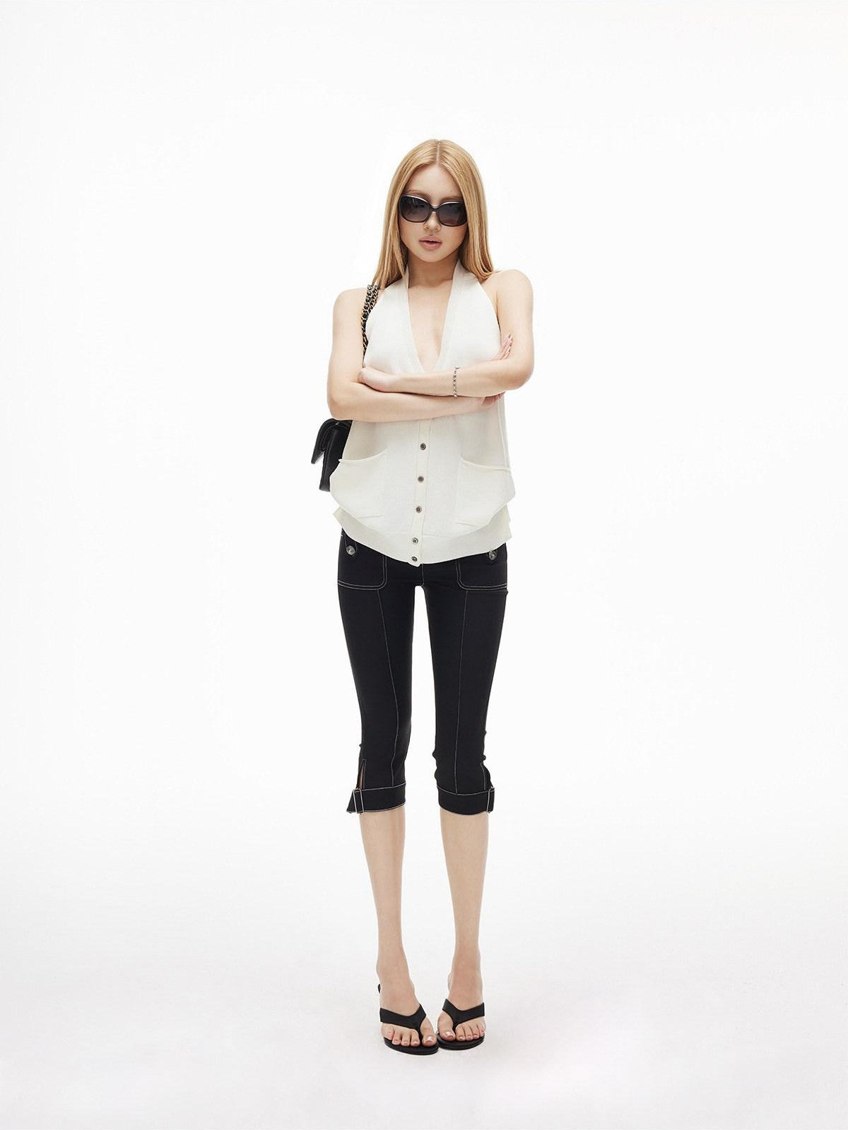 iamxiaa Low Rise Double Button Side Slit Contrast Stitch Slim Women&