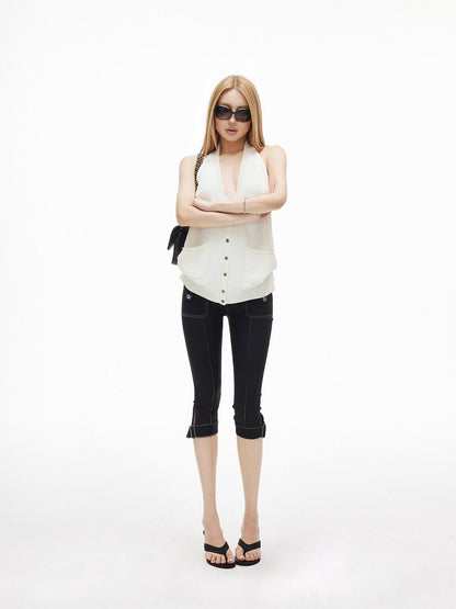 iamxiaa Low Rise Double Button Side Slit Contrast Stitch Slim Women&