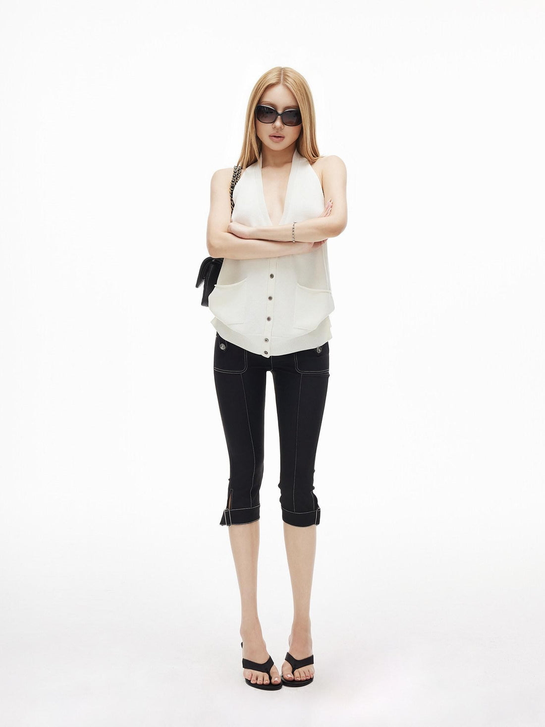 iamxiaa Low Rise Double Button Side Slit Contrast Stitch Slim Women&