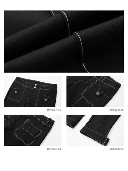iamxiaa Low Rise Double Button Side Slit Contrast Stitch Slim Women&
