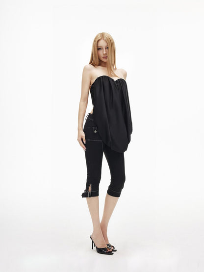 iamxiaa Low Rise Double Button Side Slit Contrast Stitch Slim Women&