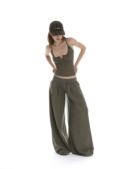 iamxiaa Low Rise Wide Ribbed Floor Length Sporty Women&