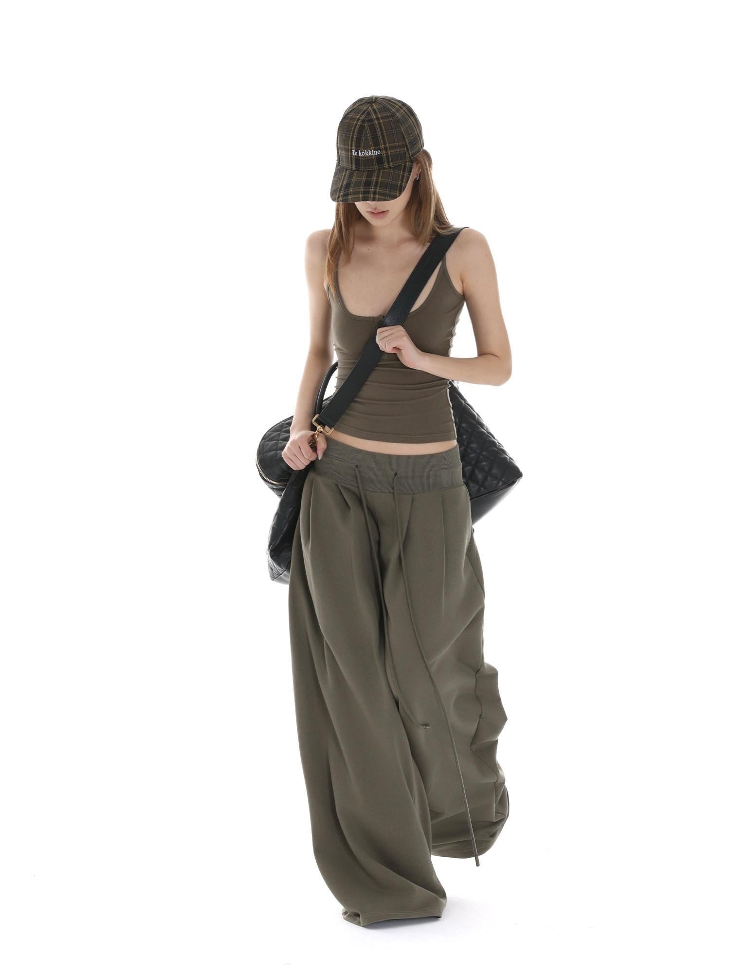 iamxiaa Low Rise Wide Ribbed Floor Length Sporty Women&