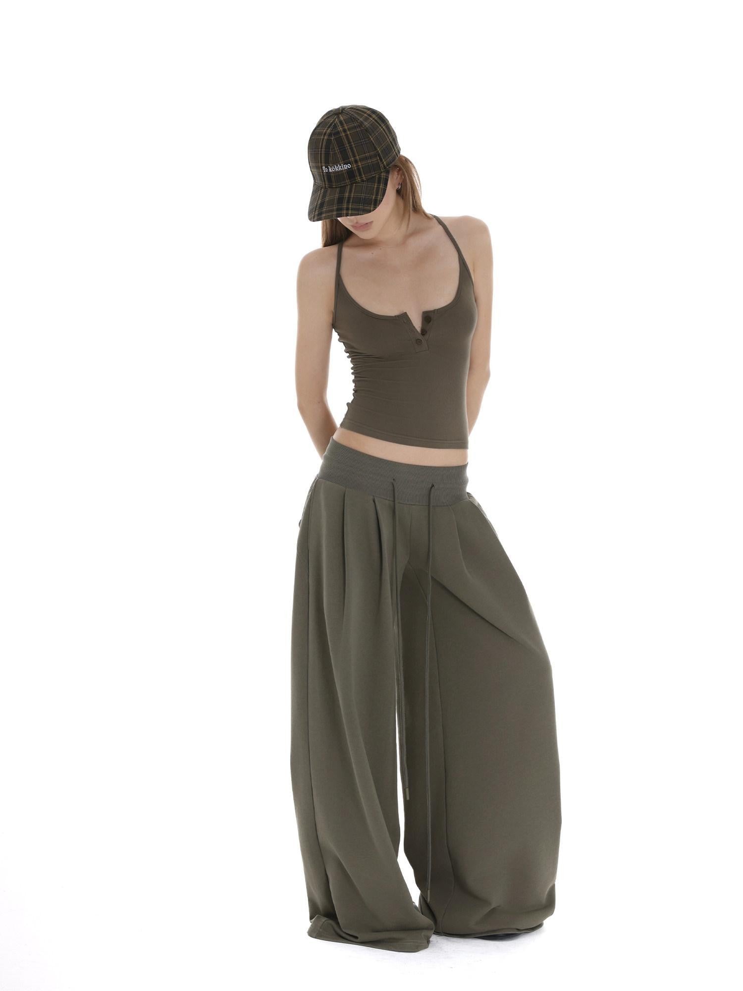 iamxiaa Low Rise Wide Ribbed Floor Length Sporty Women&