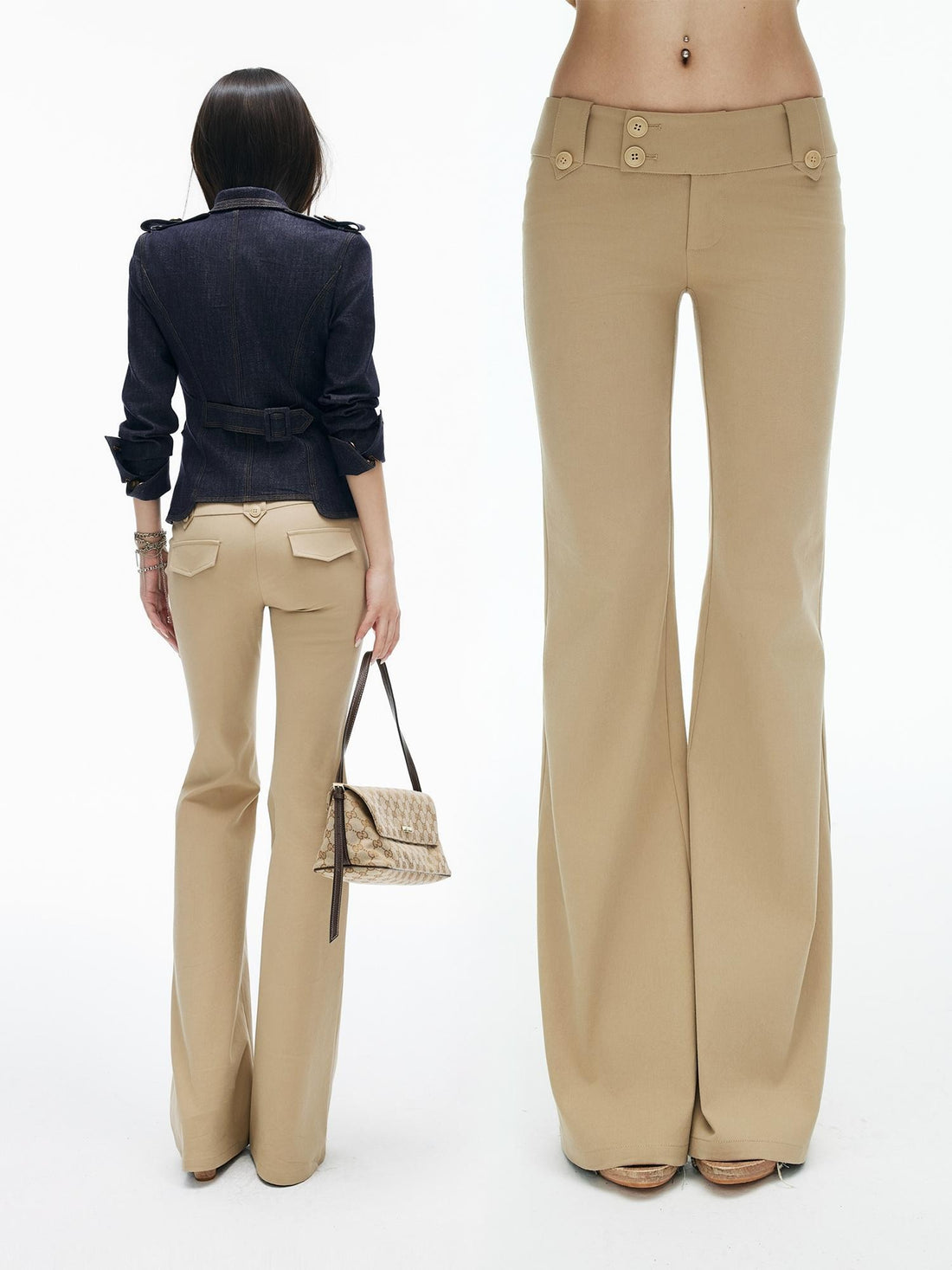 iamxiaa Low Waist Side Button Slim Fit Cotton Micro Flare Women&