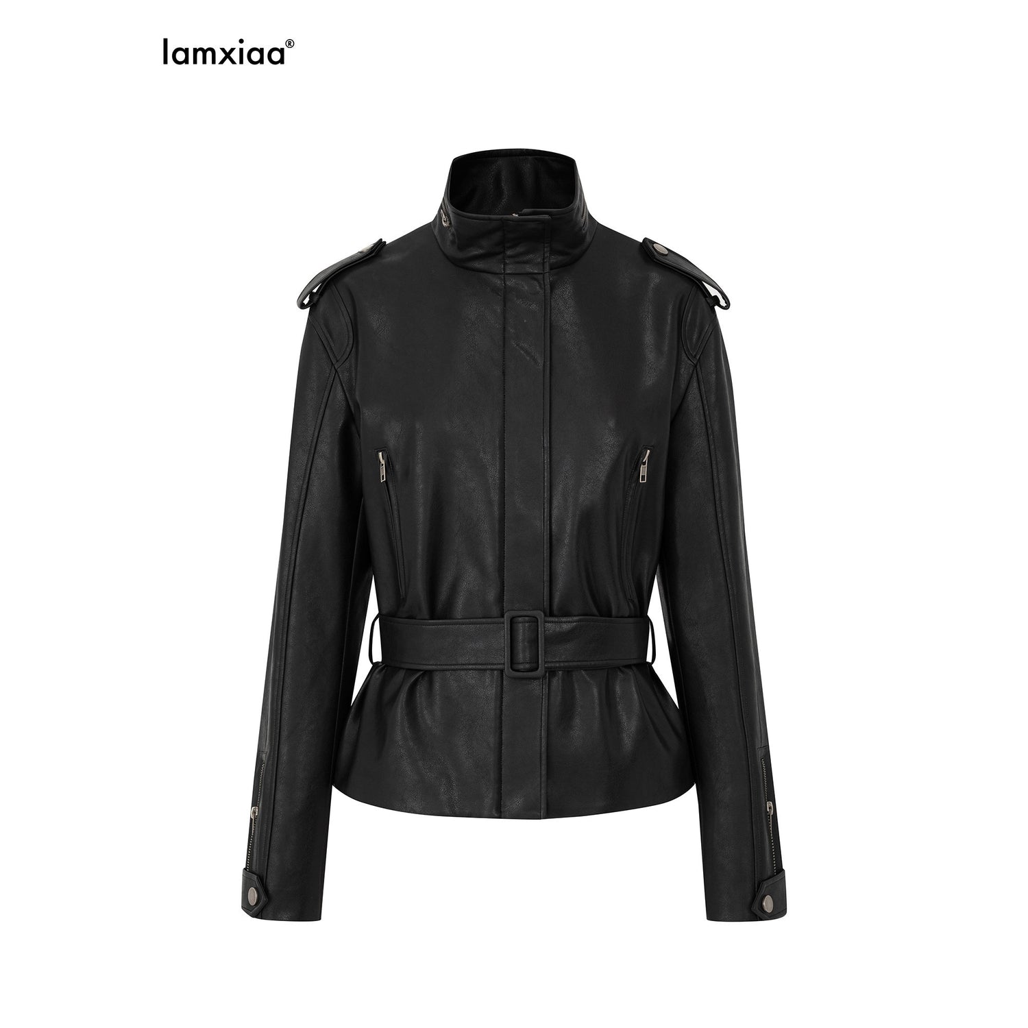 iamxiaa_Matte_Black_Stand_Collar_Epaulet_Belted_Waist_Utility_Women&