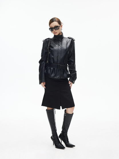 iamxiaa Matte Black Stand Collar Epaulet Belted Waist Utility Women&