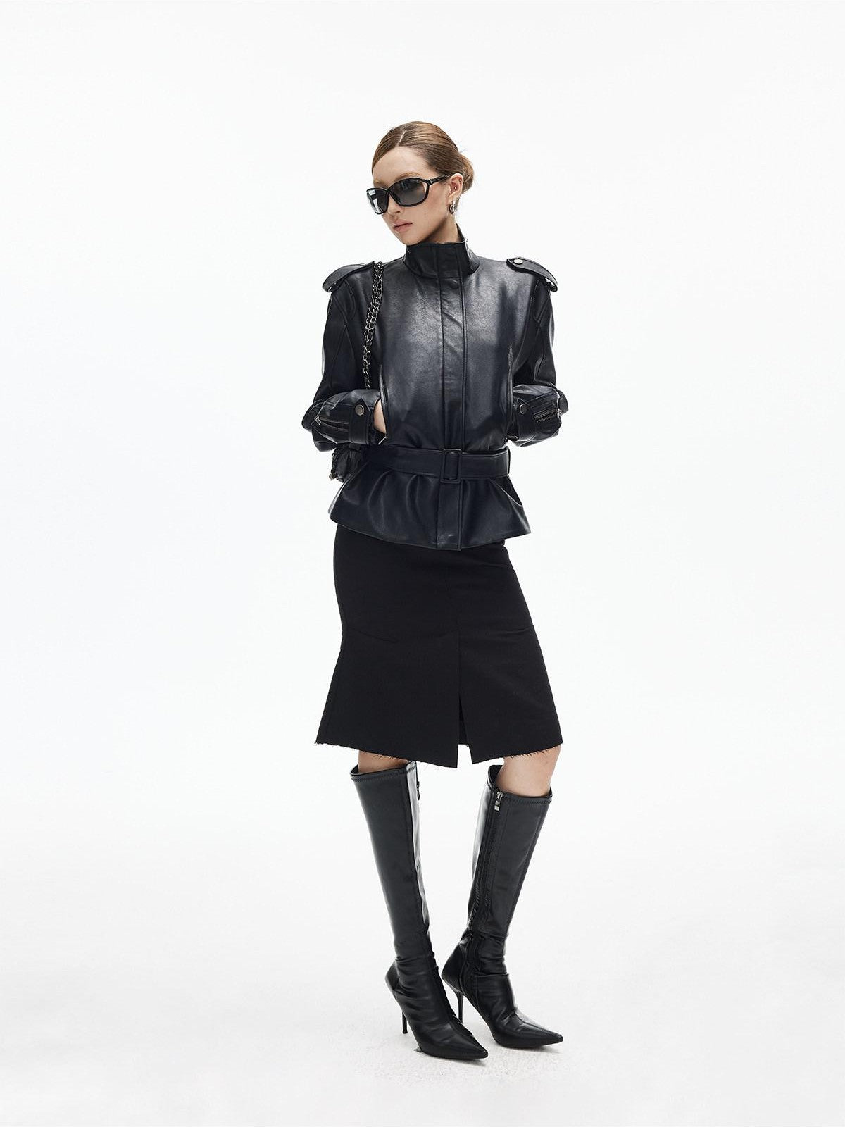 iamxiaa Matte Black Stand Collar Epaulet Belted Waist Utility Women&