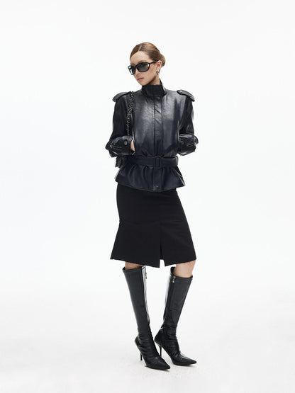 iamxiaa Matte Black Stand Collar Epaulet Belted Waist Utility Women&