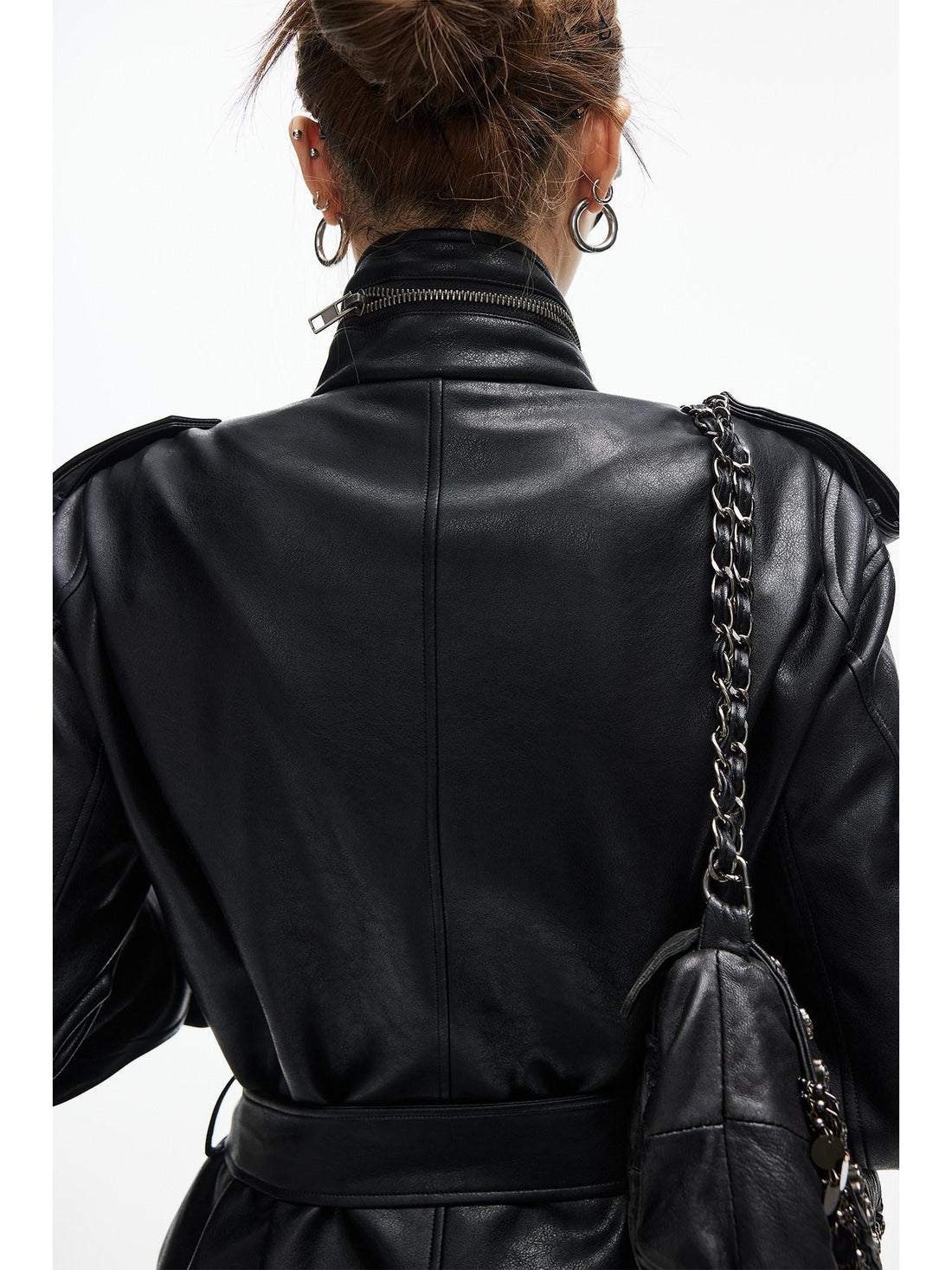 iamxiaa Matte Black Stand Collar Epaulet Belted Waist Utility Women&