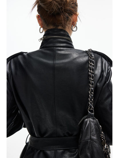iamxiaa Matte Black Stand Collar Epaulet Belted Waist Utility Women&