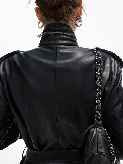 iamxiaa Matte Black Stand Collar Epaulet Belted Waist Utility Women&
