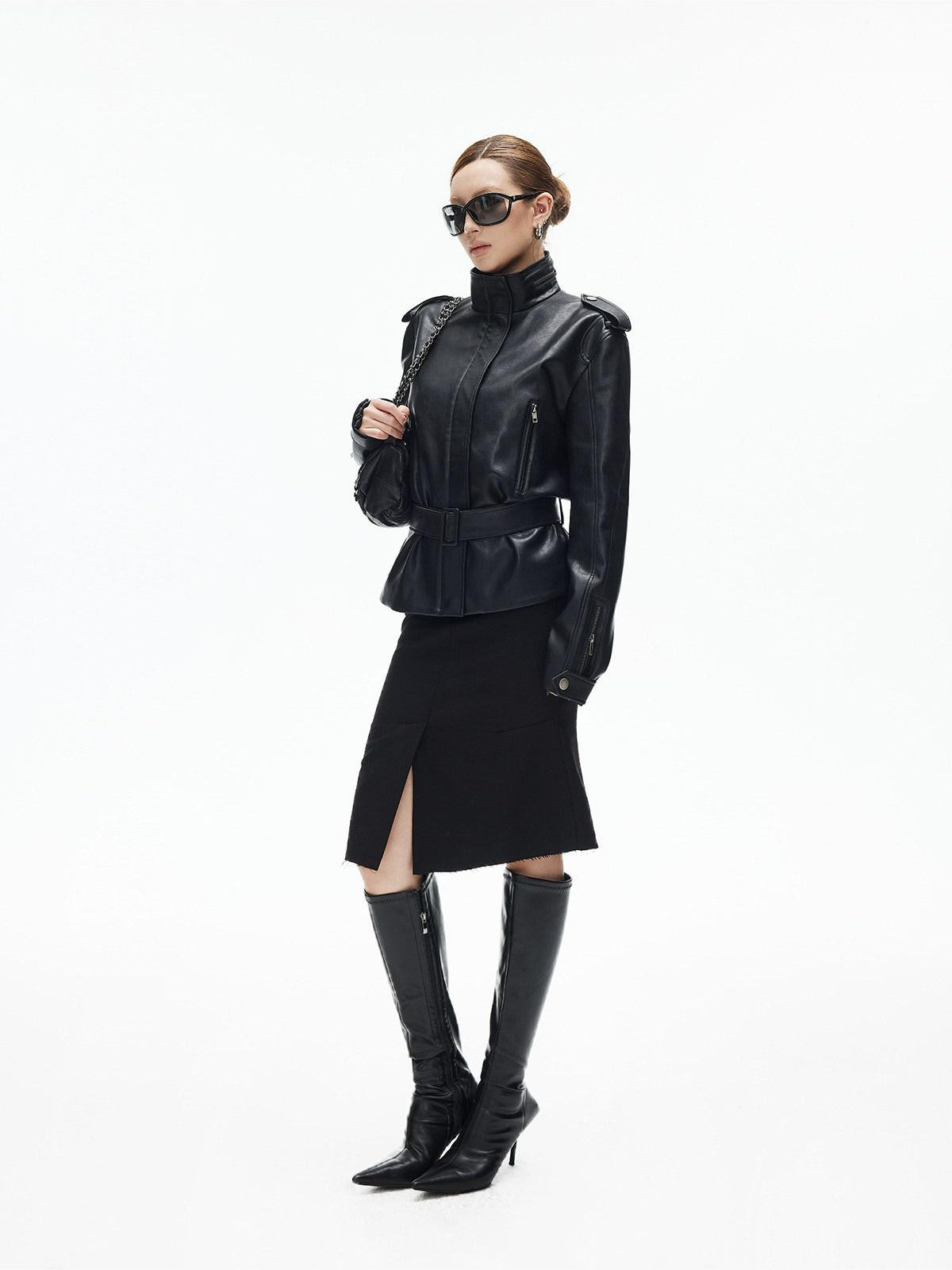 iamxiaa Matte Black Stand Collar Epaulet Belted Waist Utility Women&