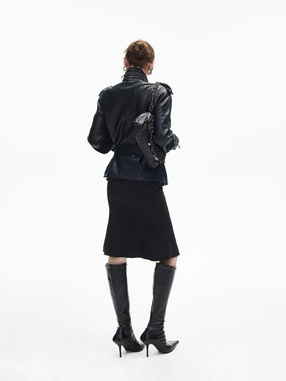 iamxiaa Matte Black Stand Collar Epaulet Belted Waist Utility Women&
