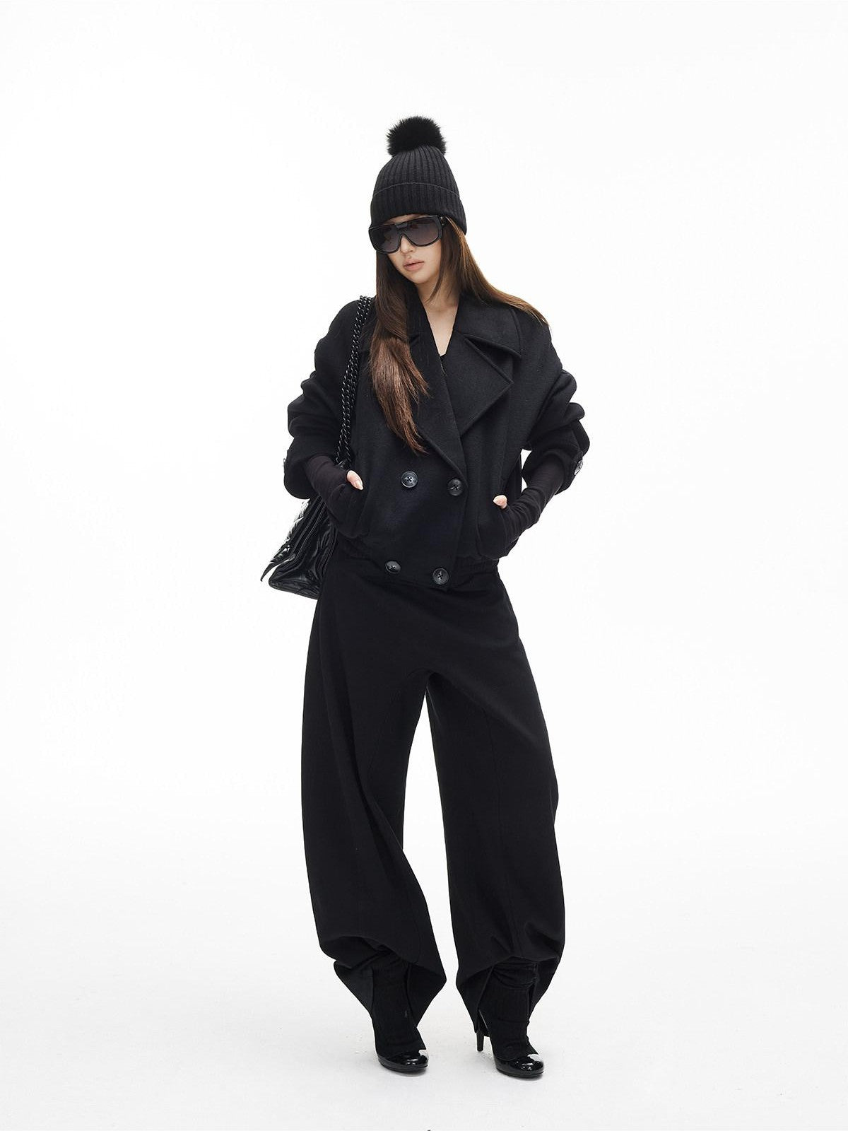 iamxiaa Matte Velvet Double Breasted Lapel Ruching Hem Women&