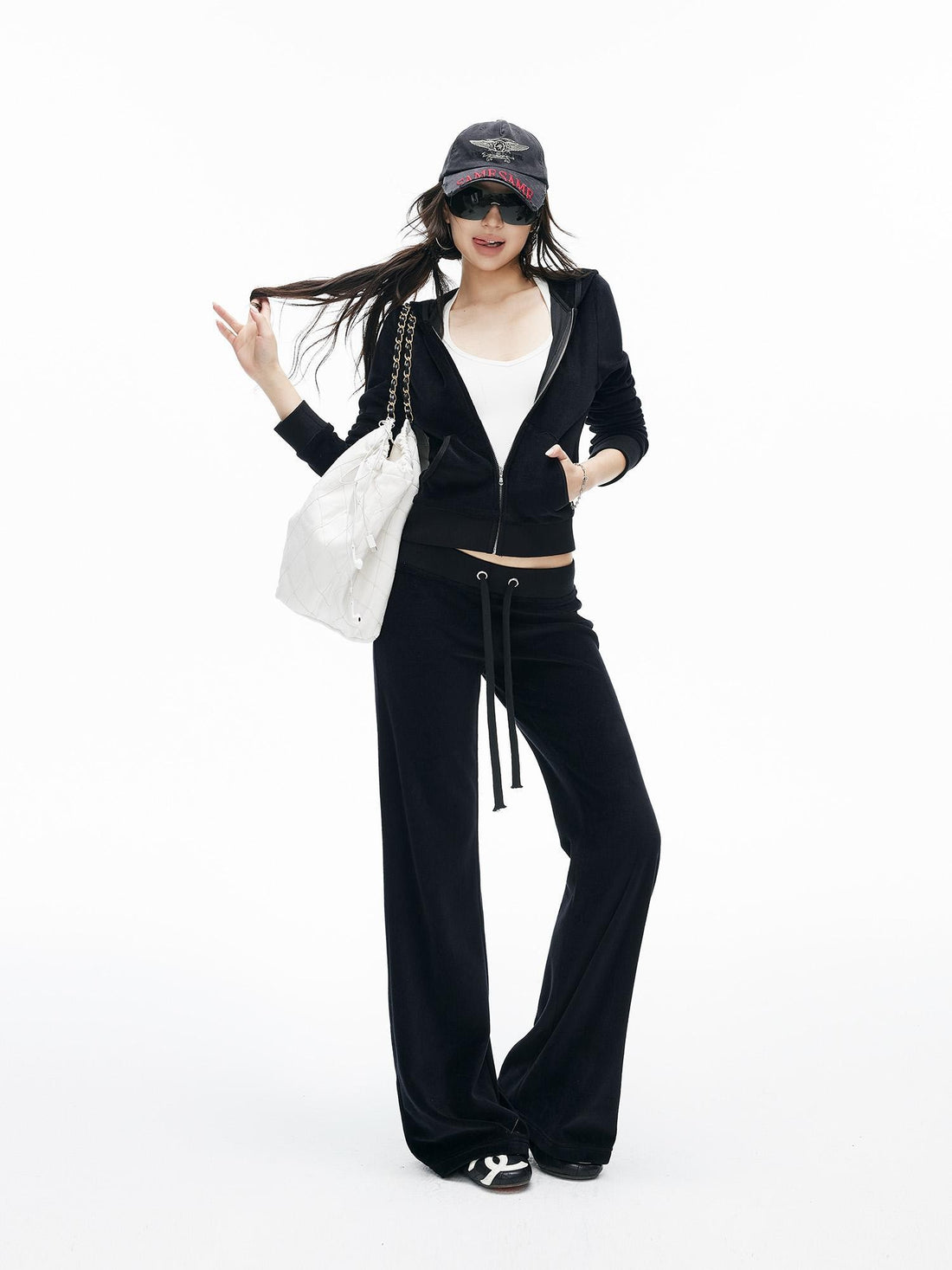 iamxiaa Matte Velvet Hooded Cropped Drawstring Low Rise Straight Women&