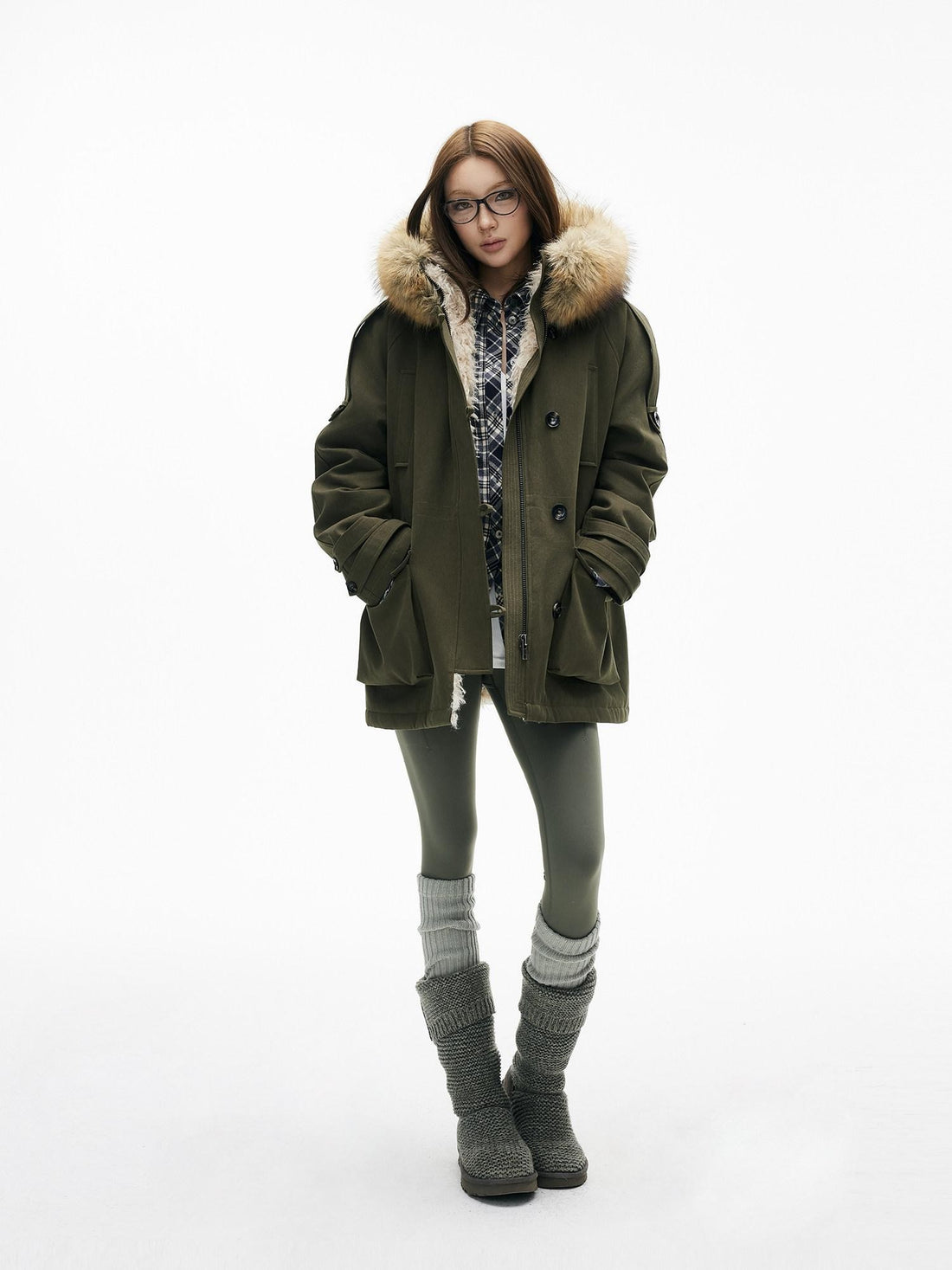 iamxiaa Military Green Hooded Detachable Fur Collar Women&