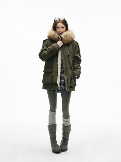 iamxiaa Military Green Hooded Detachable Fur Collar Women&