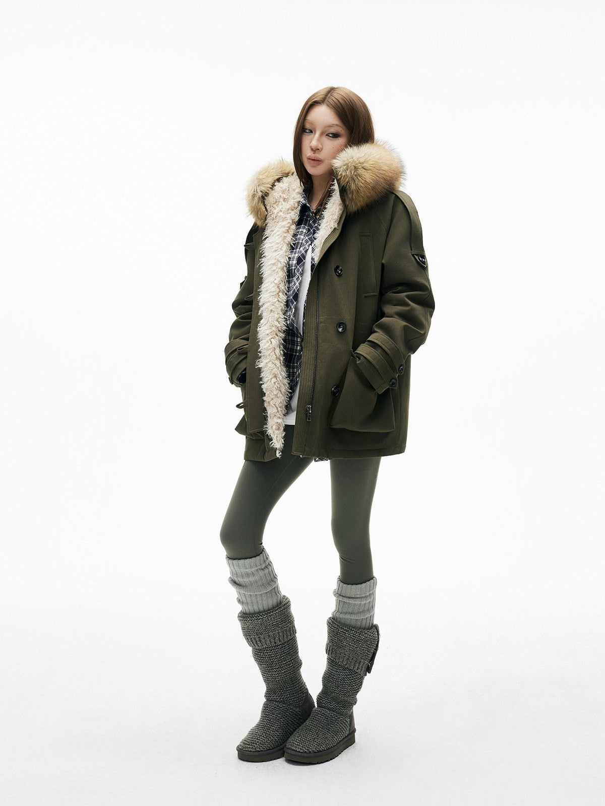 iamxiaa Military Green Hooded Detachable Fur Collar Women&