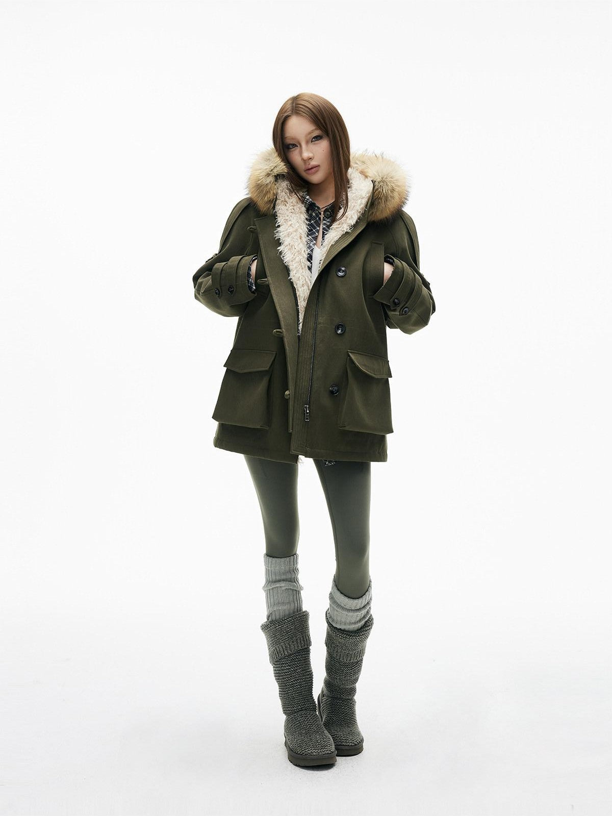 iamxiaa Military Green Hooded Detachable Fur Collar Women&
